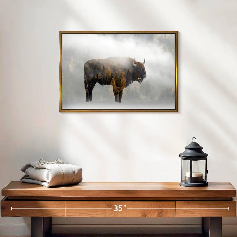 Bison de la forêt de pins, 19 po x 13 po, Cadre flottant doré