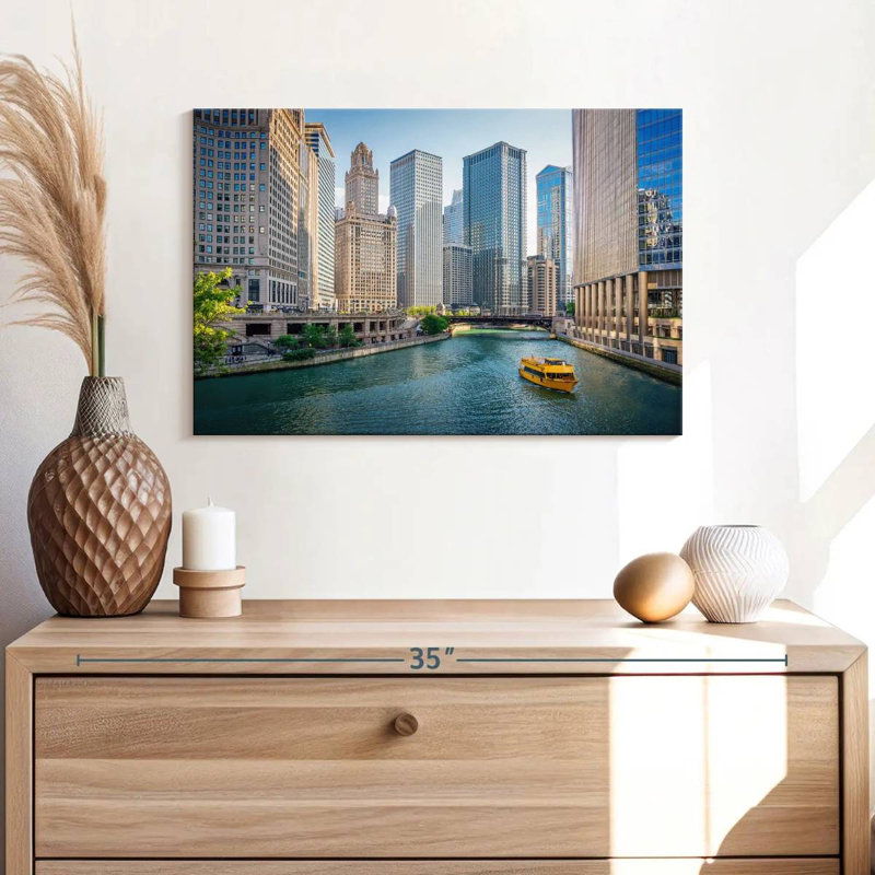 Bateau sur la rivière Sireci, Chicago, H 16 po x l 24 po