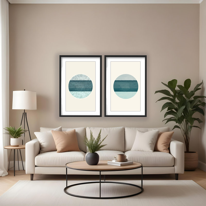 Coastal Retreat Oceanic Duology: Abstract Circles Diptych, 24" H x 32" W