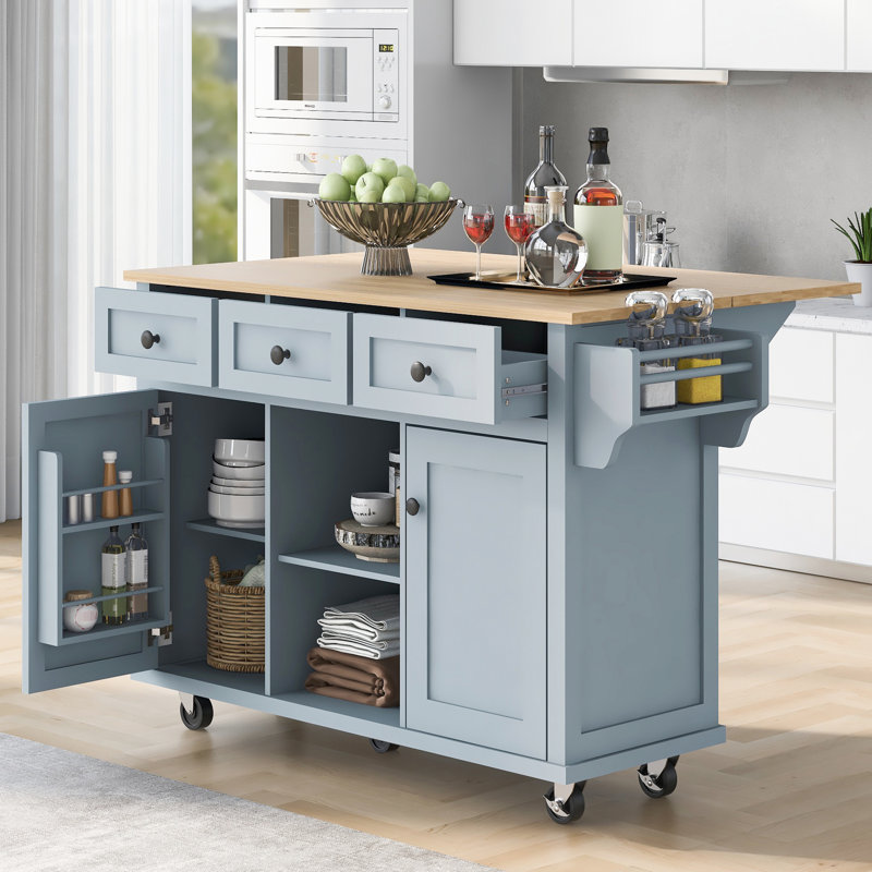 Chariot de cuisine avec rangement à portes d'armoire, 3 tiroirs, 5 roulettes, Bleu gris