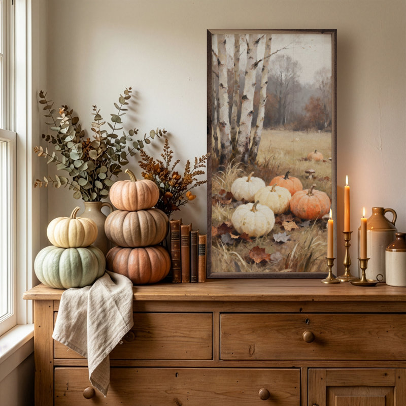 Pumpkins And Birch Trees, H 40 po x l 20 po