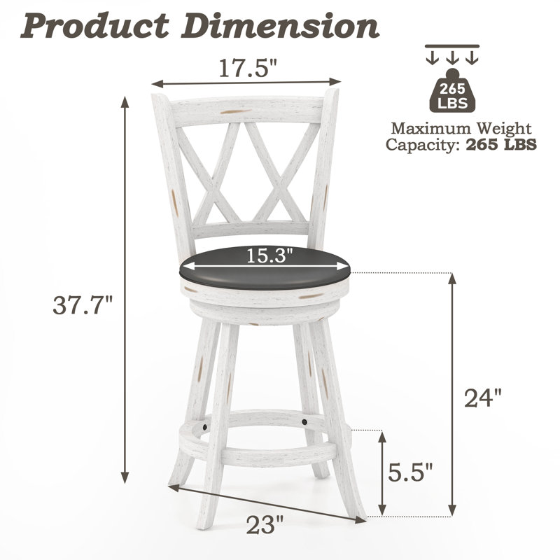 Tabouret pivotant Havant, Tabouret de comptoir (siège d'une hauteur de 24 p, Blanc