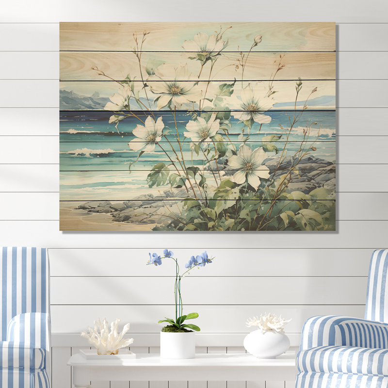 Flower In Oceanic Calm Beach View II - Coastal Minimalism On Wood Print, 10" H x 20" W x 0.78" D