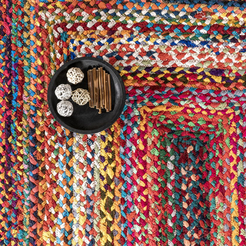 Tapis multicolore en coton tressé à la main bohème, Rond 6 pi