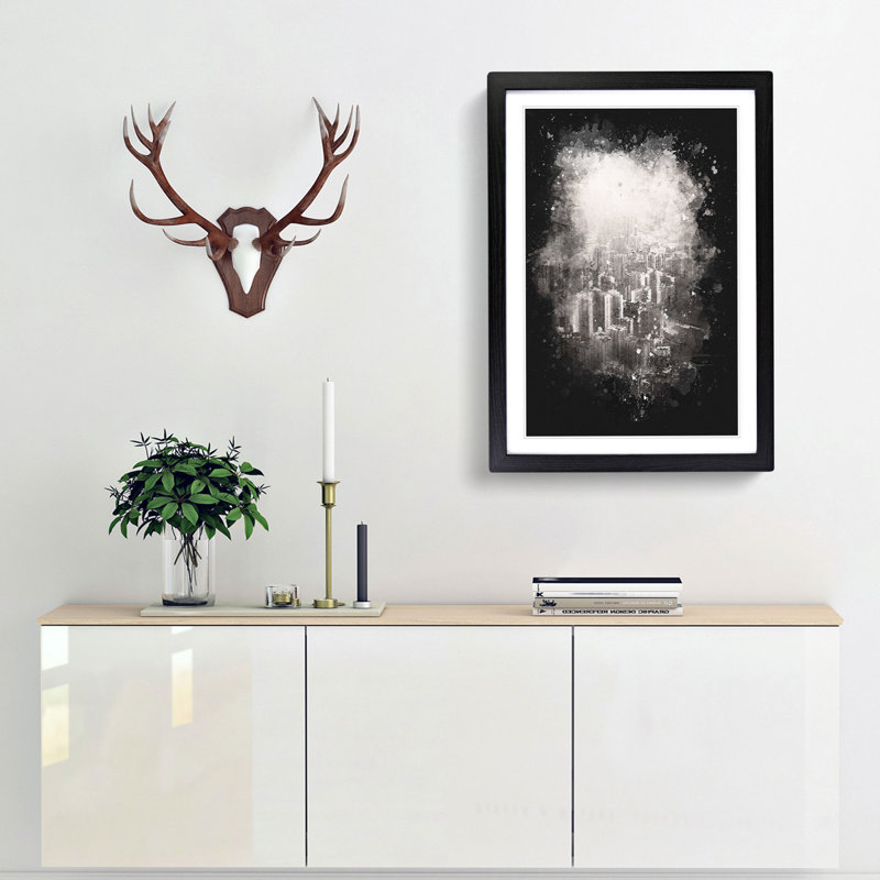 Hong Kong Skyline Abstract Paint Splash - Picture Frame Graphic Art, 87cm H x 62cm W x 2cm D, Black Framed