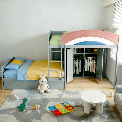 Full Over Full Bunk Bed With 2 Storage Drawers, Built In Armoires And Upholstered Guardrail