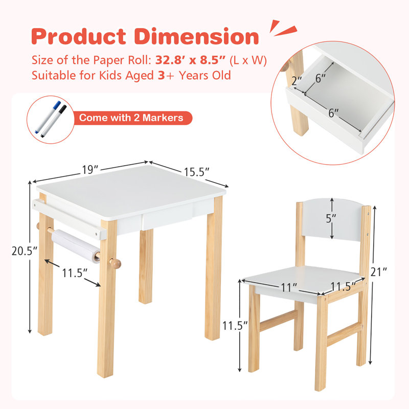 Kids 2 Piece Rectangular Arts And Crafts Table and Chair Set