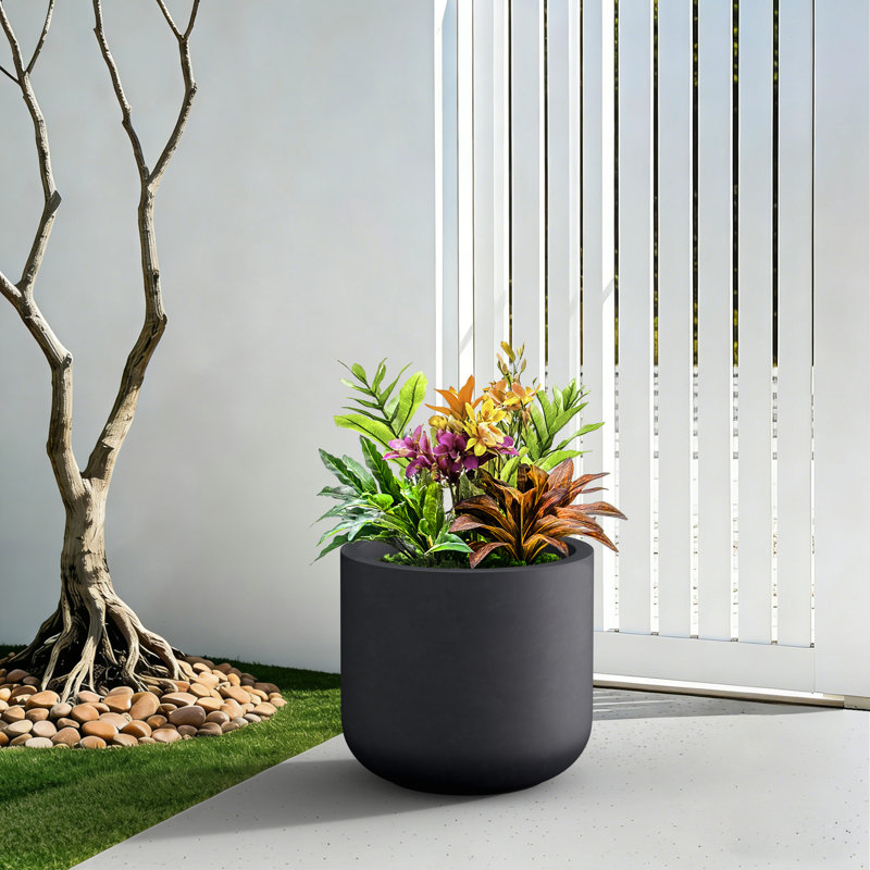 14 in. Medium Matte Black(Upgraded Interior) Concrete Round Planter / Pot with Drainage Hole for Indoor & Outdoor