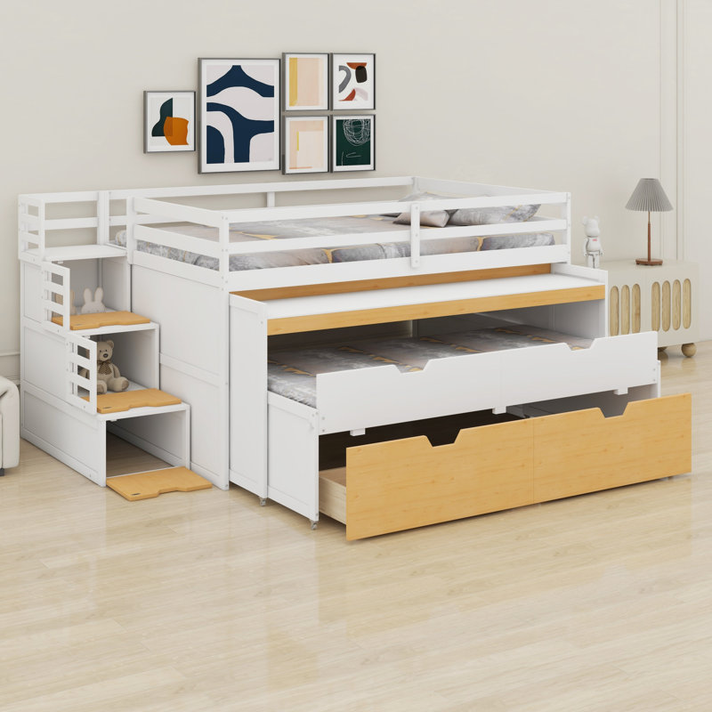 Lit mezzanine avec rangement et bureau coulissant, lit gigogne et tiroirs de rangement, Double XL, Blanc + couleur bois