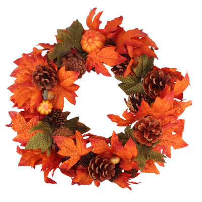 Orange Foliage with Pine Cones and Pumpkins Autumn Harvest Wreath 10-Inch Unlit