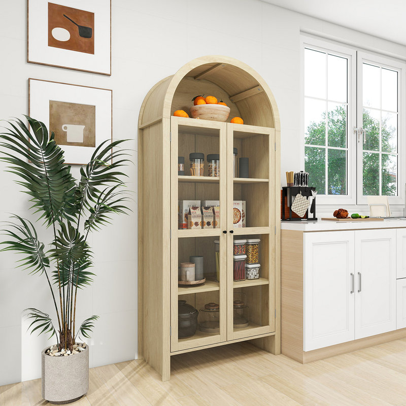Garde-manger arqué de 70,28 po de hauteur, armoires de cuisine en bois de style campagne moderne, armoire de rangement arquée avec tablettes réglables, armoire polyvalente pour la cuisine, la salle à manger et le salon