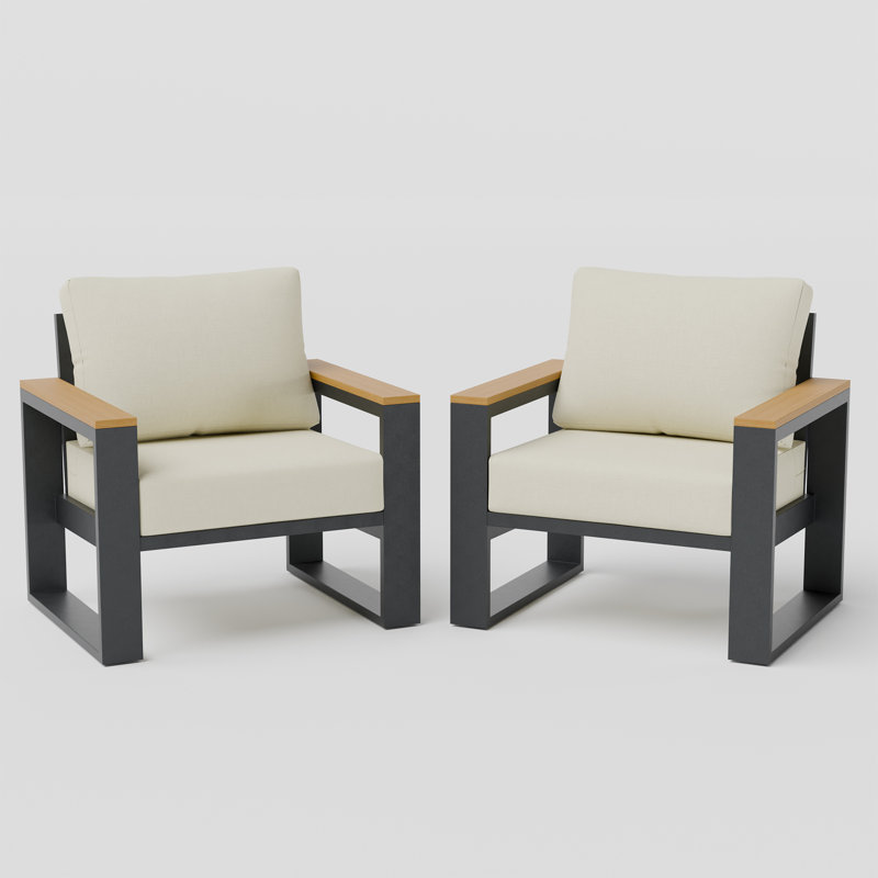 Ensemble de 2 chaises de patio en aluminium avec accoudoirs imitation bois et coussin de 12,5 cm, Crème