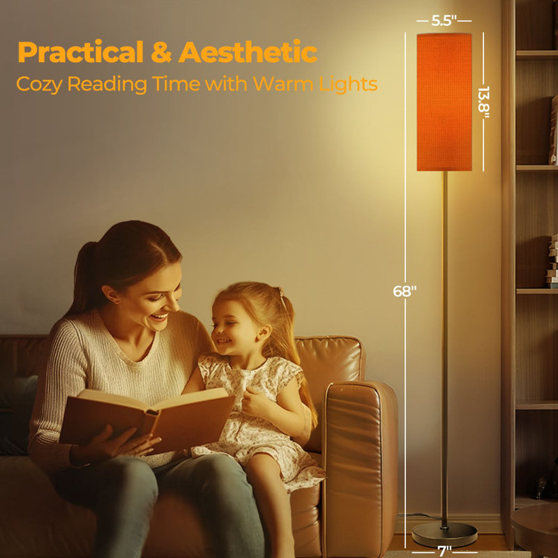  68.5" Standing Floor Lamp Orange fabric Dimmable Metal Pole Lamp with Linen Lampshade LED Bulb Included