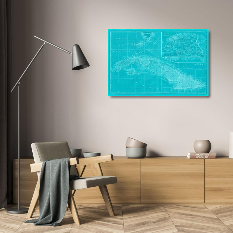 Toile tendue avec châssis Rosecliff Heights Vision Studio, titre: Carte de Cuba en turquoise, H 17 po x l 24 po
