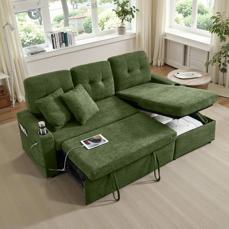 Reversible Sectional Sofa Couch, Sleeper Sofa Bed With Storage Chaise Pull Out Couch For Living Room | USB Charge | Cup Holder | Removable Backrest |Teddy Fabric