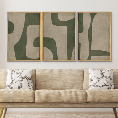 Nordic Shapes " Abstract Geometric Green And Beige Tones Illustrations Modern Art Decor Boho Relax Zen Nordic " 3 - Pieces