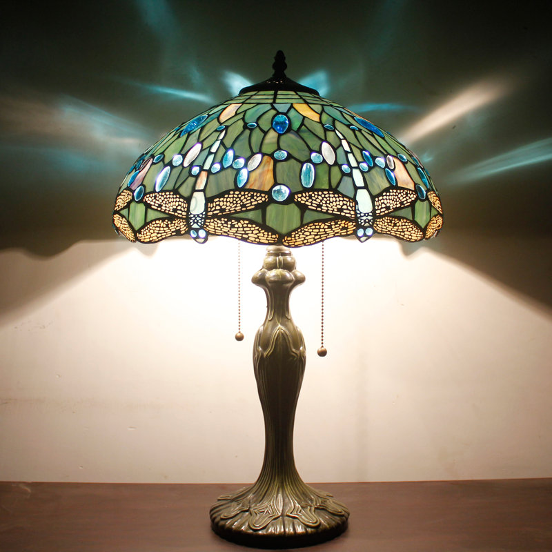 Sea Blue Stained Glass Dragonfly Table Lamp with Antique Bronze Base