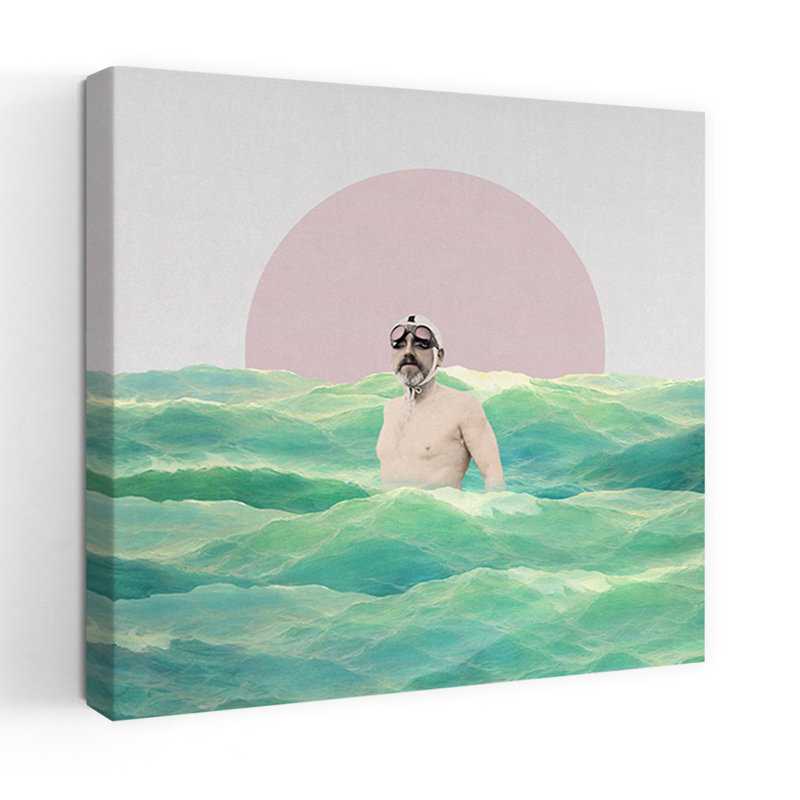 «Retro Swimmer In Waves Peaceful Retro Serene Ocean Landscape», art mural, H 32 po x l 32 po