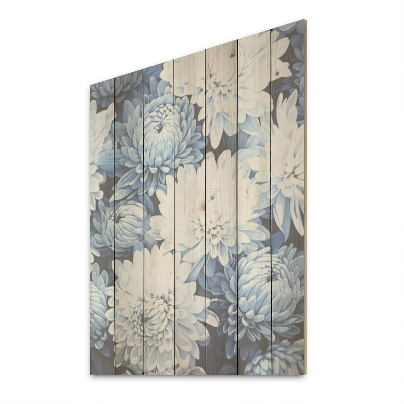 Minimalisme «Mums» en bleu et blanc - Art sur bois de pin naturel, H 20 po x l 10 po