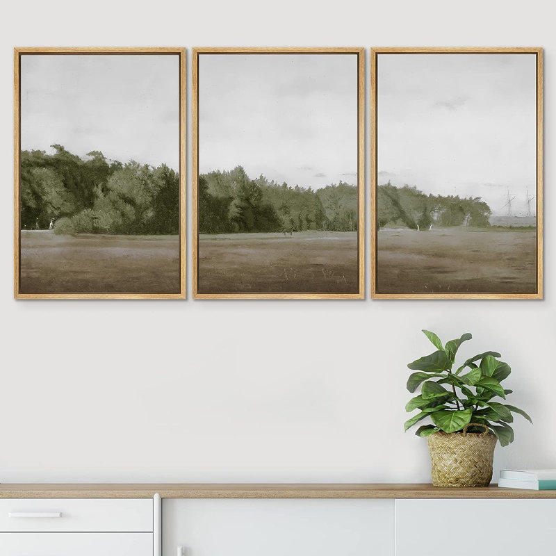 Ciel nuageux au-dessus de la forêt verte, illustrations de la nature sauvage - ensemble de 3 reproductions de cadres flottants