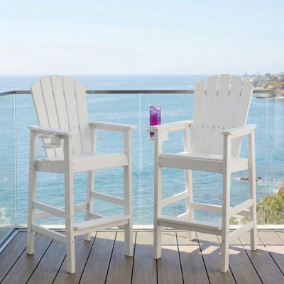 All-Weather Bar Height Adirondack Chair with Cup Holder & UV-Resistant HDPE, Set of 1, Outdoor Patio Bar Stool with Wide Armrests for Deck Porch Backyard,(Table Not Included)