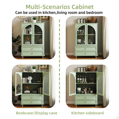 Buffet Mint Green Farmhouse, buffet à porte arquée en verre trempé avec plateau à niveaux, garde-manger 2 tiroirs pour la cuisine, la salle à manger, le salon, le vestibule et le bar