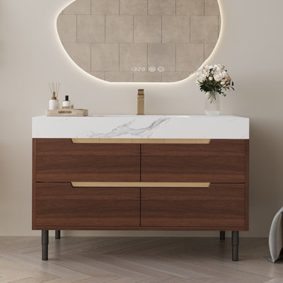 Meuble-lavabo autoportant en pierre frittée de 35,4 po avec lavabo encastré, bois massif multicouche imperméable, rangement à 4 tiroirs, fixation murale
