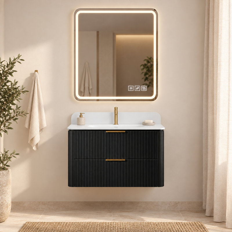 Ensemble de vanité suspendue en chêne naturel de 76 cm avec lavabo intégré et miroir de courtoisie à DEL de 81 x 102 cm.