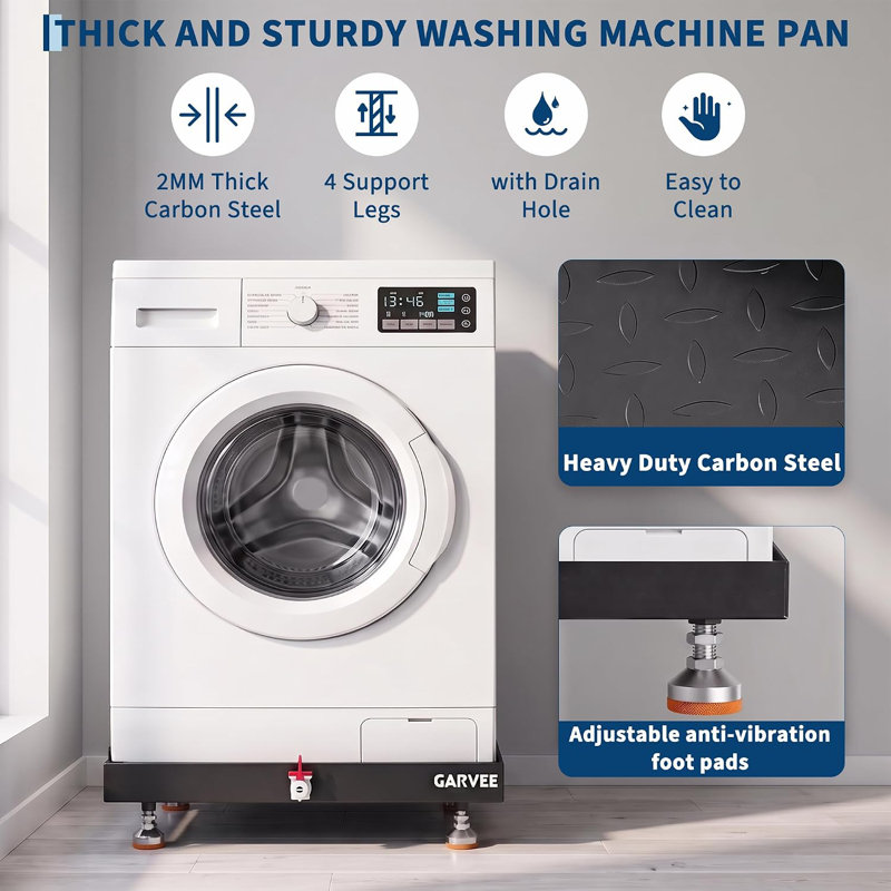 Bac de lavage pour machine à laver avec pieds antidérapants réglables et soupape de drainage, protecteur de plancher en acier au carbone robuste pour laveuse, sécheuse et réfrigérateur - 24 x 24 po, 27 x 25 po, 28 x 30 po