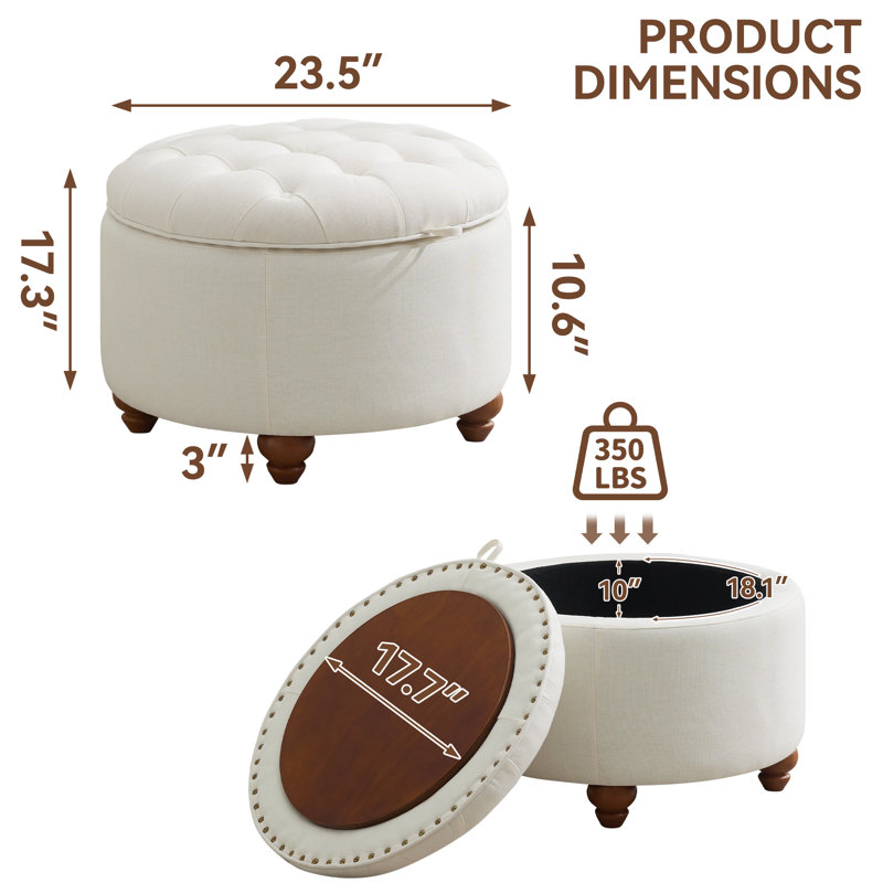 24’’ Wide Upholstered Tufted Round Storage Ottoman, Beige Linen