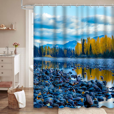 River Rocks Colorful Autumn Fall Scene Shower Curtain with 12 Hooks