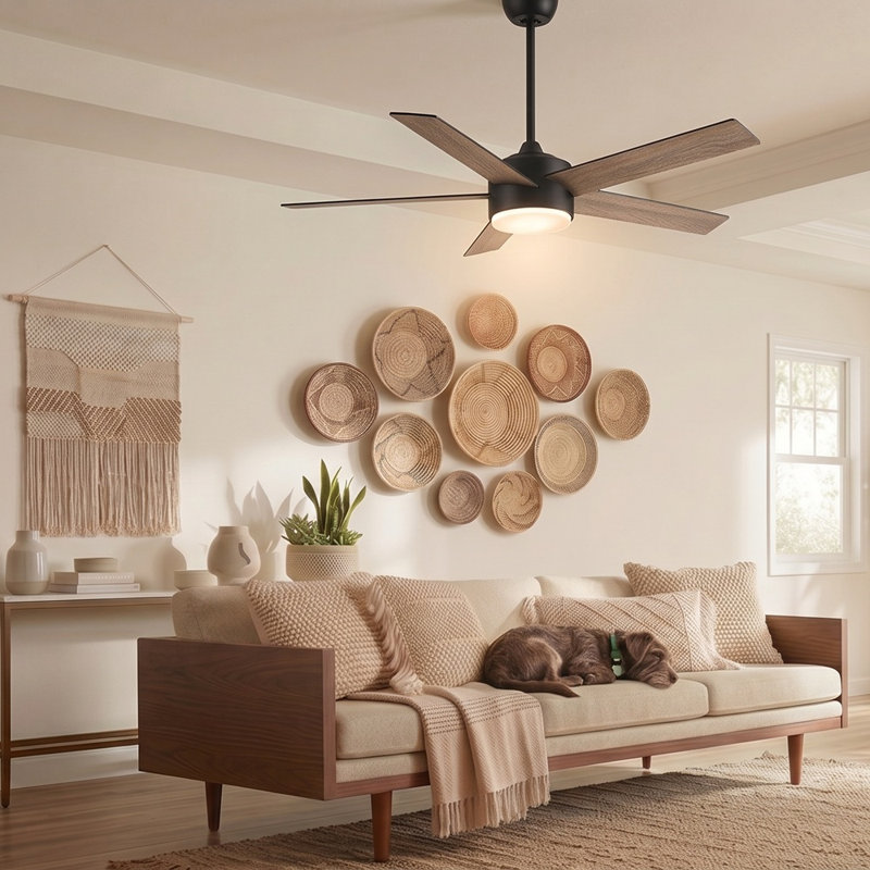  Ventilateur de plafond d'intérieur à DEL 52 pouces à 5 pales avec lumière vive 3CCT, télécommande 6 vitesses, moteur CC réversible et minuterie, tiges verticales 5 "/ 52"