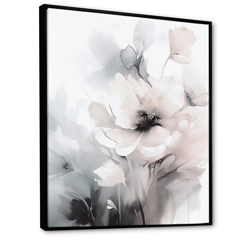 Douces fleurs gris clair I - art mural floral, H 20 po x l 12 po, Cadre flottant noir