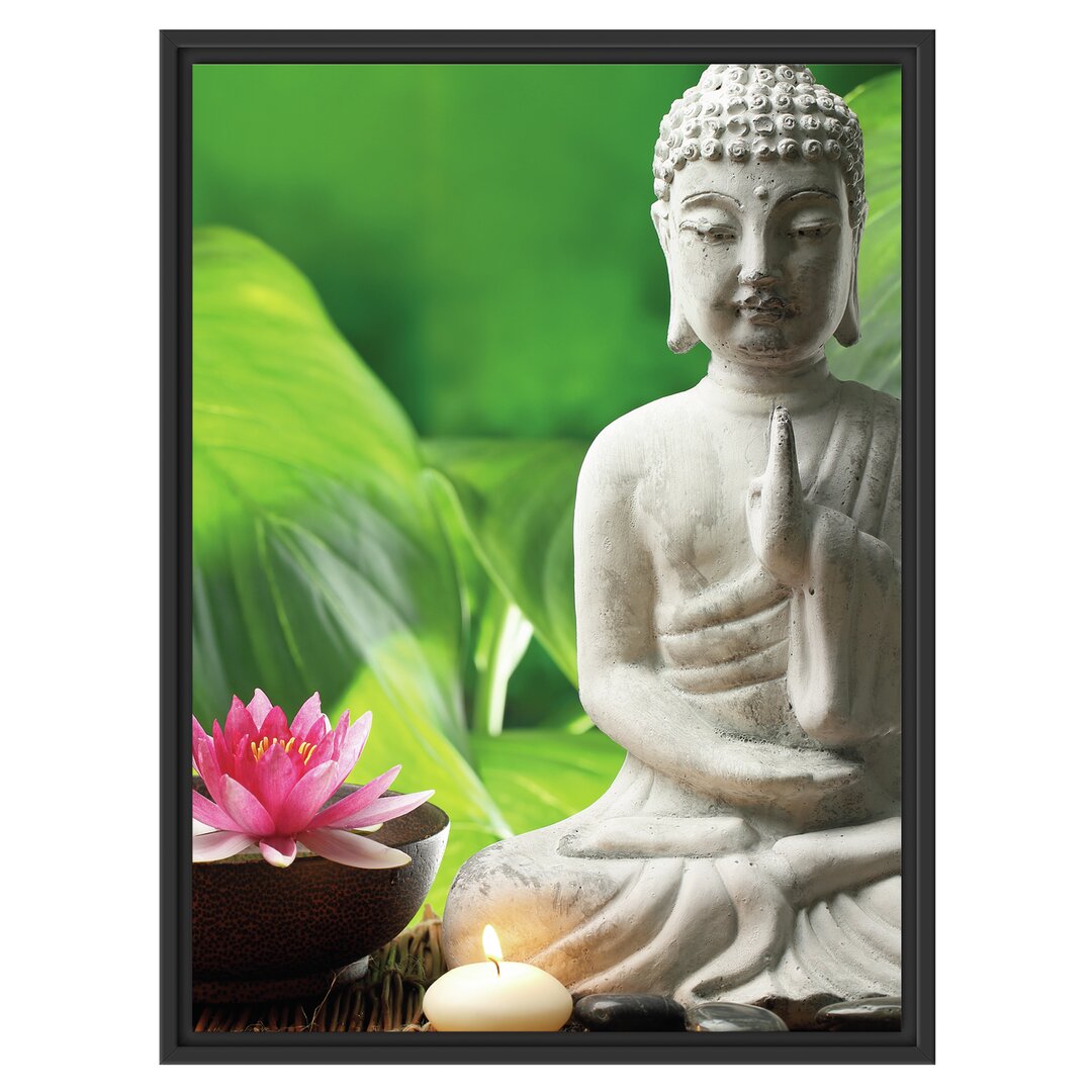 Gerahmtes Wandbild Seerose Buddha Statue