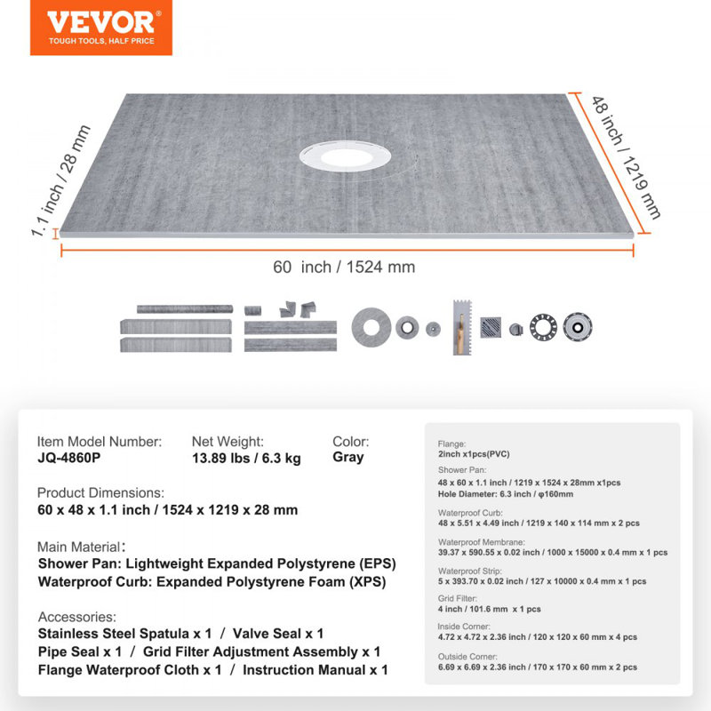 Ensemble de trottoir de douche, ensemble de bac à douche 60 po x 48 po avec bride centrale en PVC 2 po, imperméable
