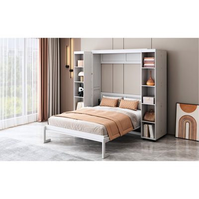 Grand lit, couleur blanche, fabrication avec une limite de poids élevée, portes de rangement latérales pour lit d'invité, système hydraulique facile à plier, petite pièce idéale