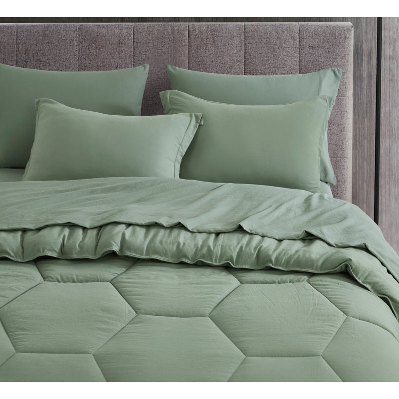 Washed Microfiber 7-Pieces Honeycomb Comforter Set with Sheets, Full / Double Comforter + 6 Additional Pieces, Sage