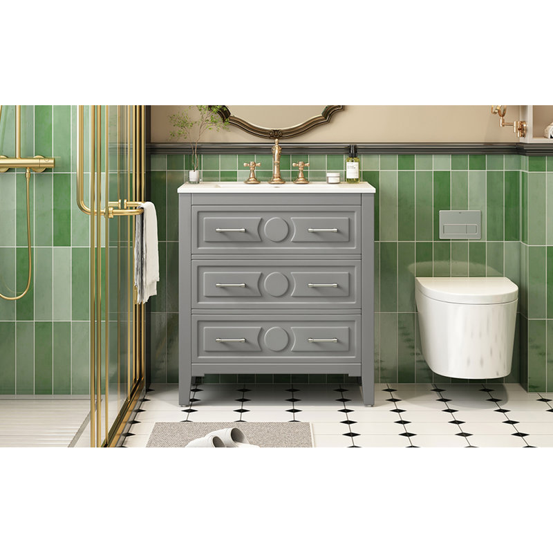 Meuble-lavabo de 30 po, lavabo en céramique, structure en bois massif, 3 tiroirs, apparence classique, meuble-lavabo rétro gris avec solution de rangement polyvalente de haute qualité