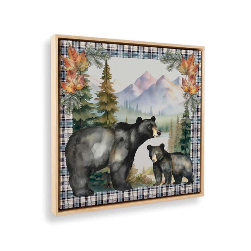 «Black Bear with Cub» par Nicole DeCamp, reproduction d'art, H 37,5 po x l 37,5 po, Érable, Toile avec cadre
