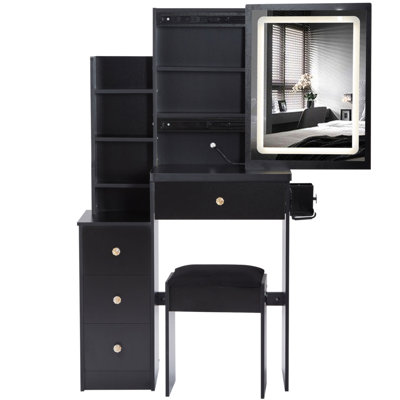 29.2" Small Size Left Bedside Cabinet Vanity Table + Cushioned Stool, 2 AC+2 USB Power Station, Hair Dryer Bracket, Extra Large Touch Control Sliding LED Mirror, Tri-Color Switching, Brightness Adjust