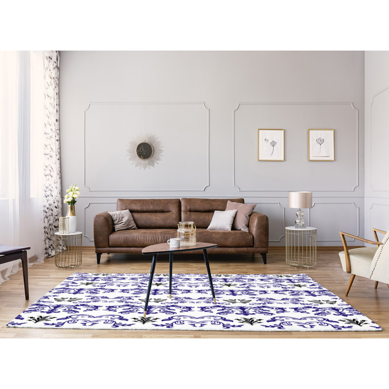 Tapis damassé blanc / bleu, Rectangle 9 pi x 12 pi