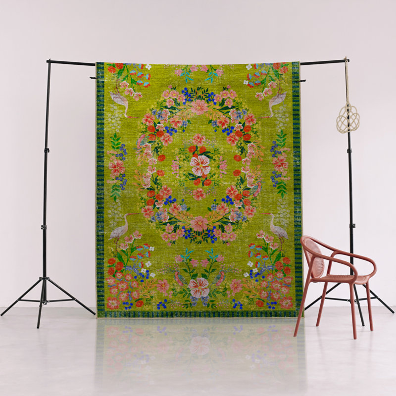 Green Theme Multicolored Floral Patterned Colorful Woven Base Carpet, Rectangle 4'8" x 6'7"