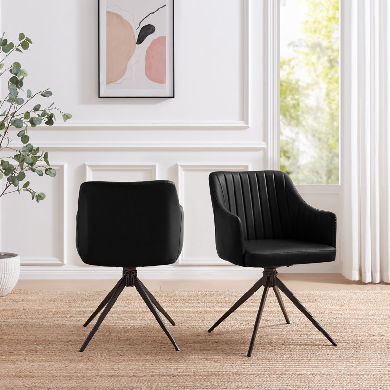 Penny Pillar Black Round Table With 4 Cleother Luxury Velvet Upholstered Swivel Dining Chairs, Black