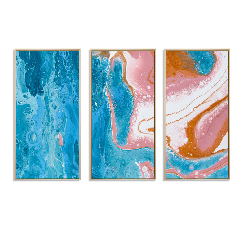 Turquoise et rose, vagues de marbre I - ensemble de 3 peintures sur toile à cadre flottant, H 28 po x l 36 po x P 1 po