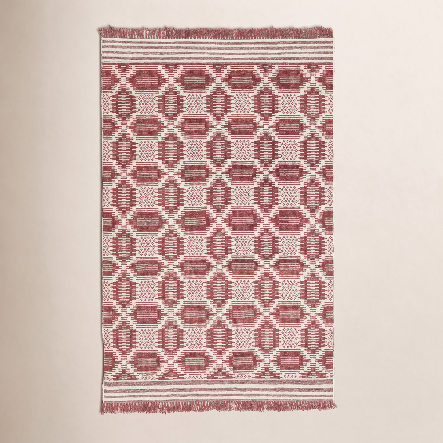 Caden Red White Hand-Knotted Geometric Rug, Rectangle 5' x 8'