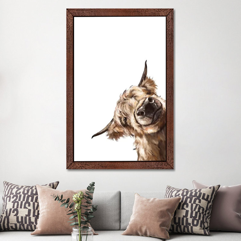 Sneaky Highland Cow by Big Nose Work - Print on Canvas, Brown Framed, 101.6 cm H x 66.04 cm W