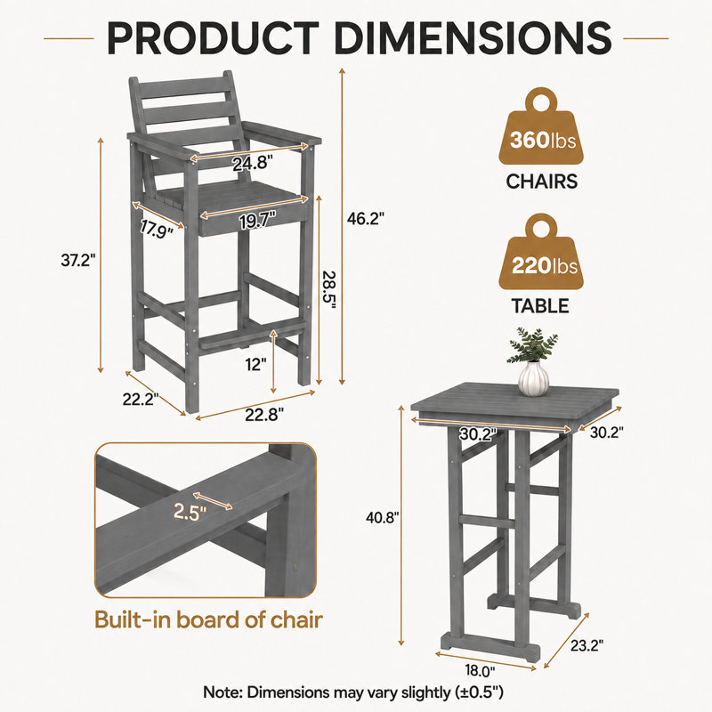 Ensemble de 3 chaises de bar et table Adirondack d'extérieur, ensemble de bar de patio en PEHD toutes saisons, Gris