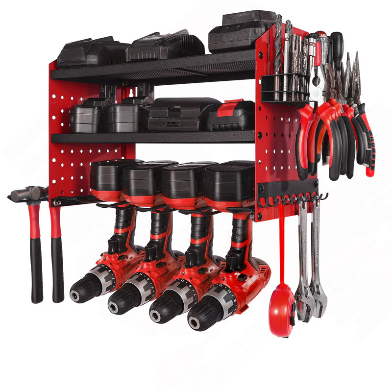 Power Tool Organizer Wall Mount, 3-Layer Storage Rack with 4 Drill Holders, Tools Holder and Storage Rack with Side Pegboards, Garage Tool Organizer for Garage, Workbench, and Workshop