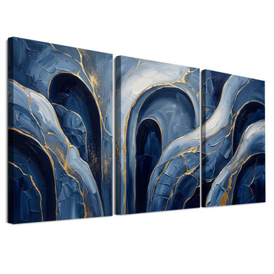Ensemble de 3 toiles murales abstraites à texture veinée bleu foncé et or