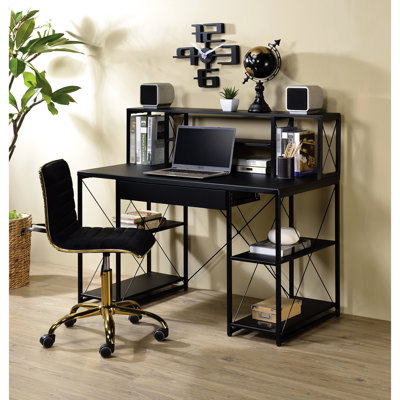 Black Workspace Desk With Fixed Shelves And Drawer Modern Writing A Robust Construction Storage